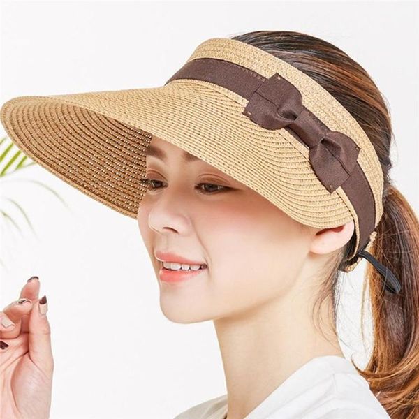

summer hats for women female tennis visor comfortable wide brim with bow sun hat beach outdoor straw, Blue;gray