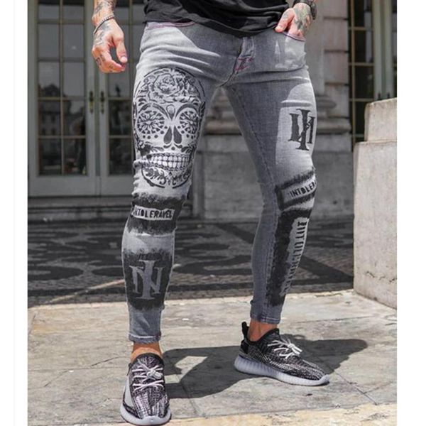 

men's jeans style mens appliques brand skeleton head stretch long pencil pants skinny male hip-hop slim spring hole s-3xl, Blue