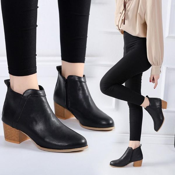 

boots women fashion vintage low heel thick short boot casual round head ankle booties shoes botas femininas de inverno l*5, Black