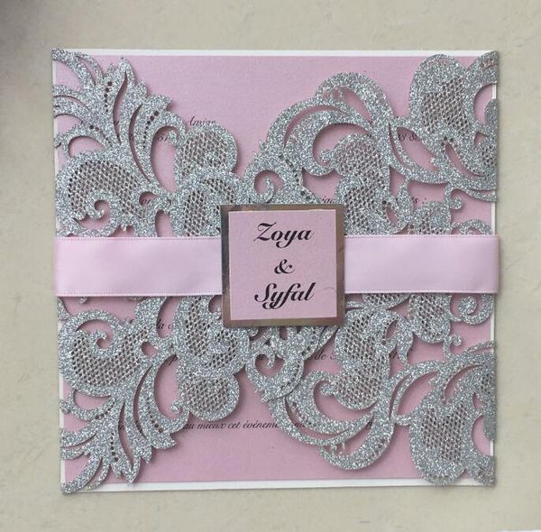 

greeting cards silver glitter laser cut wedding invitation customizable party engagement birthday convites kits exress 100sets