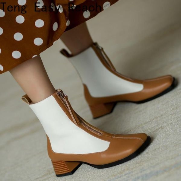 

boots fall shoes women square toe chunky heel genuine leather mixed colors fashion black