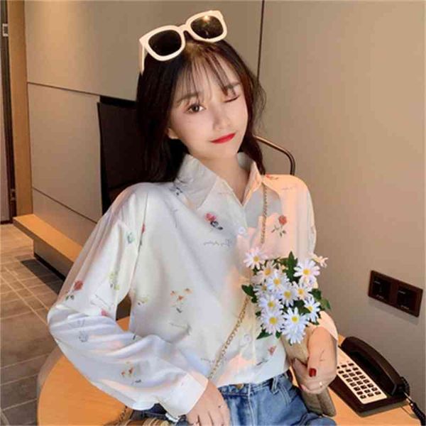 

5 sizes casual chiffon basic all match floral long sleeve women shirts female fashion turn down collar female shirt 210522, White