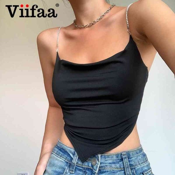 

viifaa rhinestone chain strap party clubwear women backless summer camis tie back tight crop 210326, White