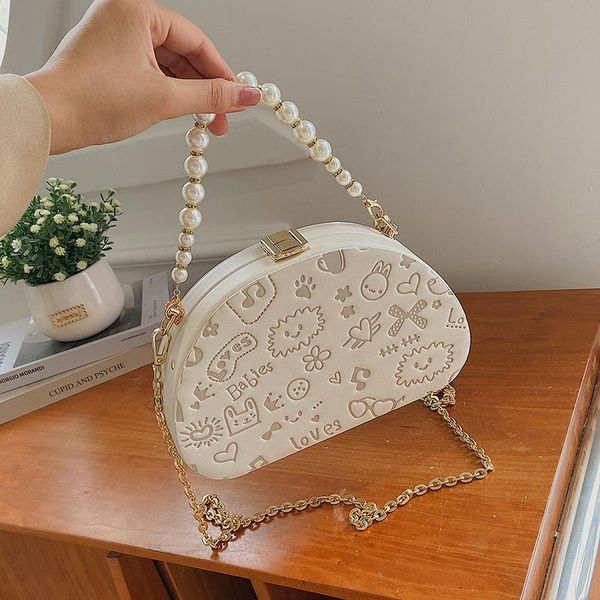 

storage bags bag female 2021 fashion embossed cute shoulder texture chain messenger pearl portable luggage decoration makeup park