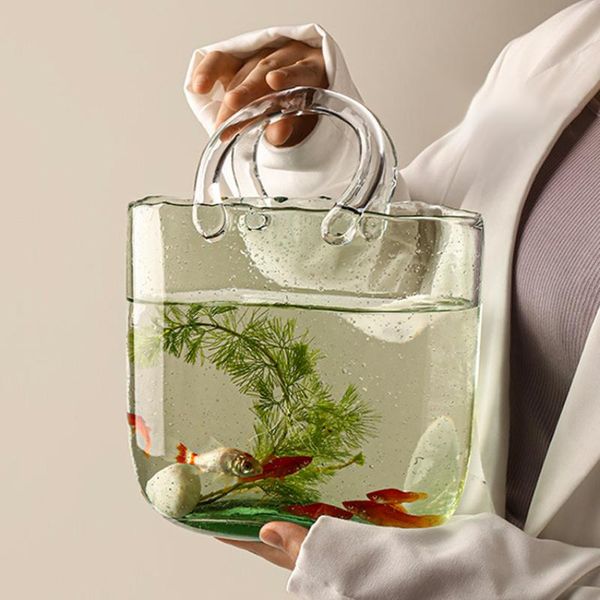 

vases basket bag creative fish tank vase glass transparent flower arrangement aquatic living room decoration