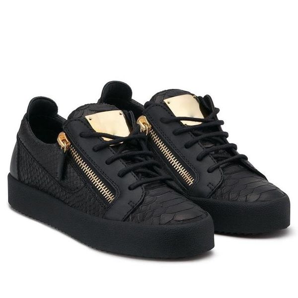 

italy luxe casual zipper and women low flat shoes genuine leather mens sneakers trainers, Black
