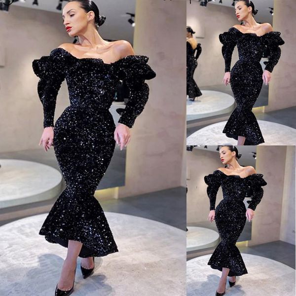 Black Sequins PROM платья русалки вечерние платья с длинным рукавом от плеча Формальная партия на заказ платье