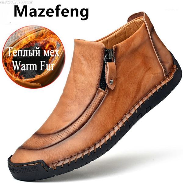 

boots winter men snow leather man ankle warm fur shoes zip plush autumn basic driving big size1, Black