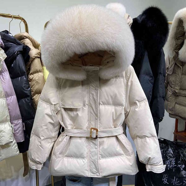 

women's down & parkas winter women big fur collar hooded white duck coats loose female elastic waist solid color short jacket s80, Black