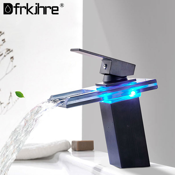 

bathroom sink faucets led basin faucet brass waterfall temperature colors change and cold mixer tap deck mounted wash glass taps