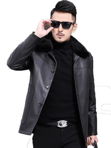 

men's leather & faux genuine down jacket men natural fur liner coat winter mink collar cow l170928my1587, Black