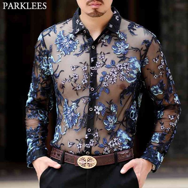 

luxury floral embroidery fishnet shirt men transparent see through dress shirts mens social party event lace sheer blouse 210522, White;black