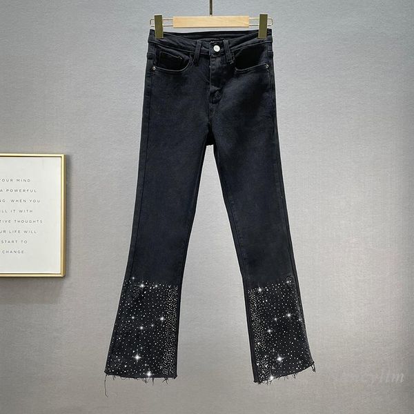 

women's jeans black rhinestone for women spring autumn high waist slimming cotton stretch slim fit ankle-length boot-cut denim pant, Blue