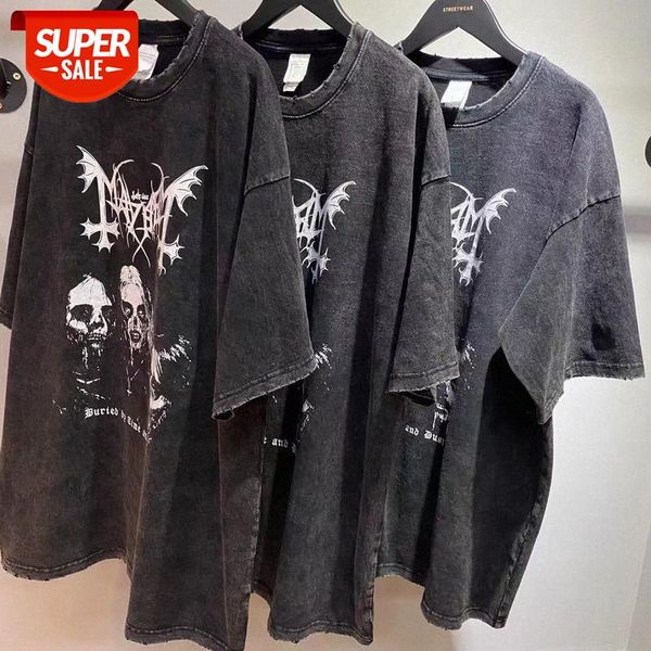 

streetwear men high street fashion brand character description printed loose and worn short-sleeved t-shirt #zp1s, White;black