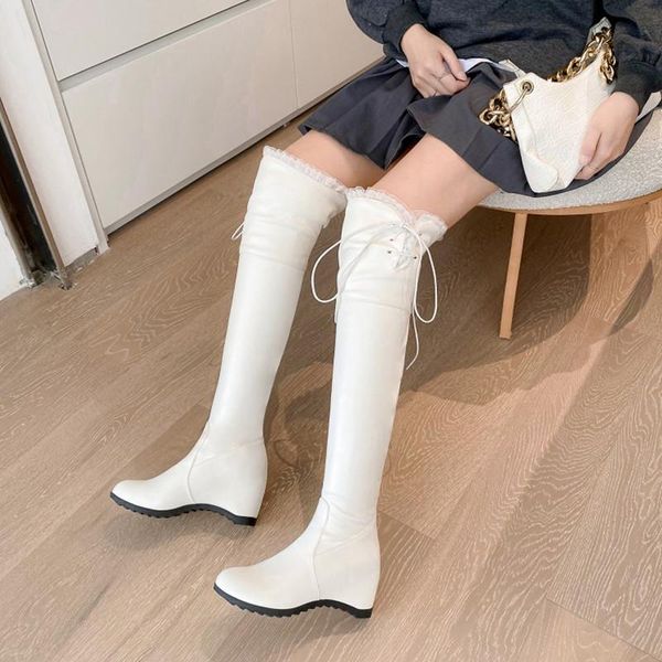 

boots ochanmeb fashion height increasing wedges heels for women stretch pu leather cord cross tied bow over the knee shoes, Black