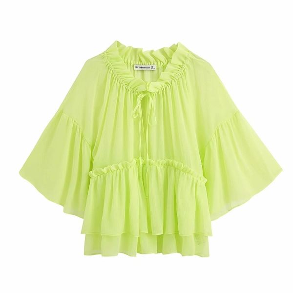 

women sweet light green fashion ruffled see through blouses vintage chic o neck adjustable ties half sleeve shirts 210520, White