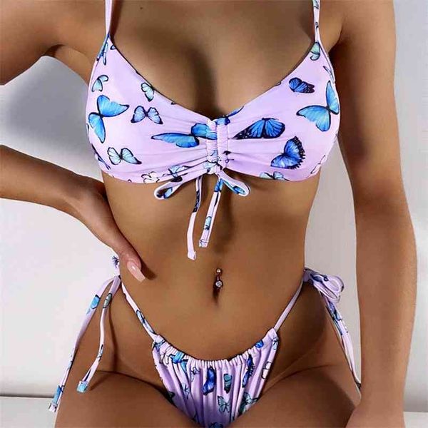 Borboleta Impresso Drawstring Biquini Verão Sexy Low Cintura Mulheres Brasileiro Lace-Up Micro Sets Sling Beach Wear 210604