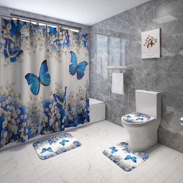 

bath mats 4pcs/set flower butterfly print shower curtain carpet cover toilet mat pad set bathroom home decor