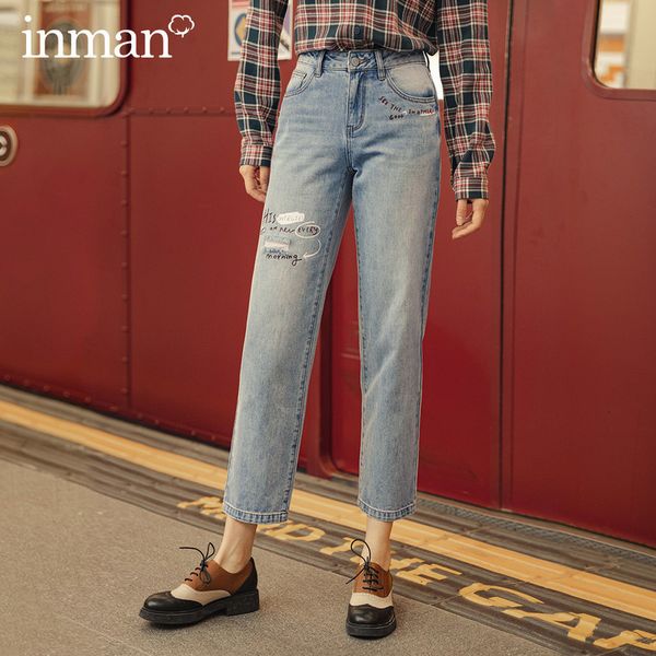 

jeans spring autumn women lady comfortable soft mid wasit fit print pattern hole-out straight loose jeans pant m4d5, Blue