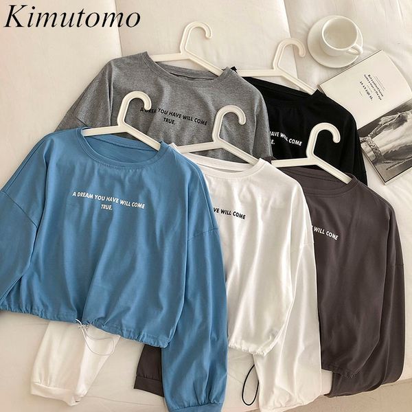 

kimutomo letter printing t-shirt female spring korean fashion o neck long sleeve short drawstring loose casual 210521, White