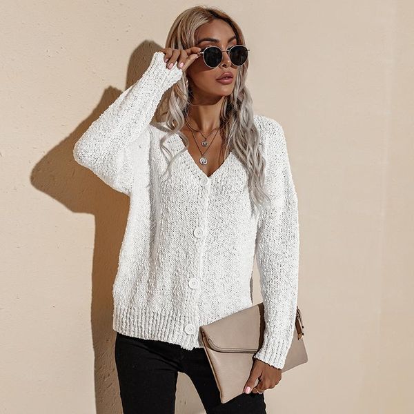

women's knits & tees women knitted cardigans 2021 fashion autumn long sleeve loose coat casual button v neck solid female sweater, White