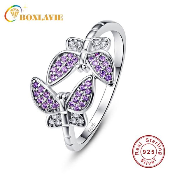 

cluster rings bonlavie authentic 925 sterling silver vintage white purple crystal butterfly finger for women wedding engagement ring, Golden;silver