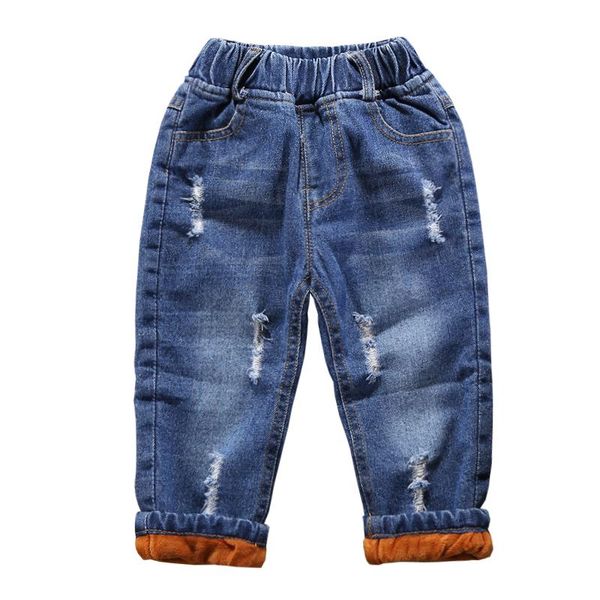 

jeans 2021 winter baby boys keep warm cotton children casual hole label plus thicken velvet girls denim pants, Blue
