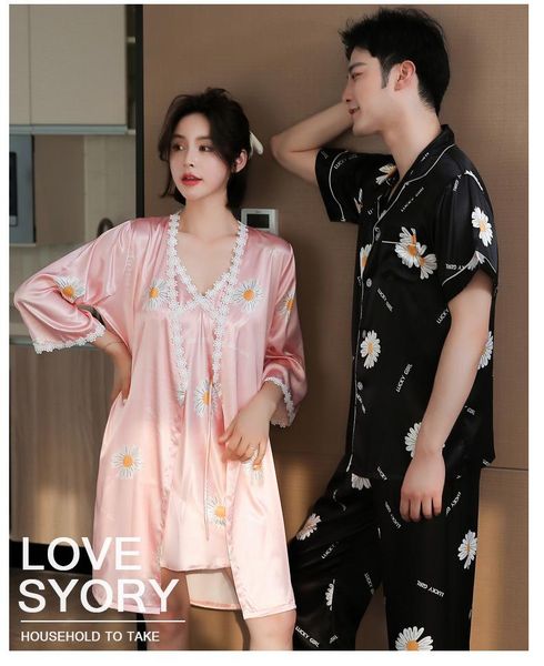 

women's sleepwear women 2pcs kimono robe gown printed flower couple's suit men short sleeve &pants set loose intimate lingerie, Black;red