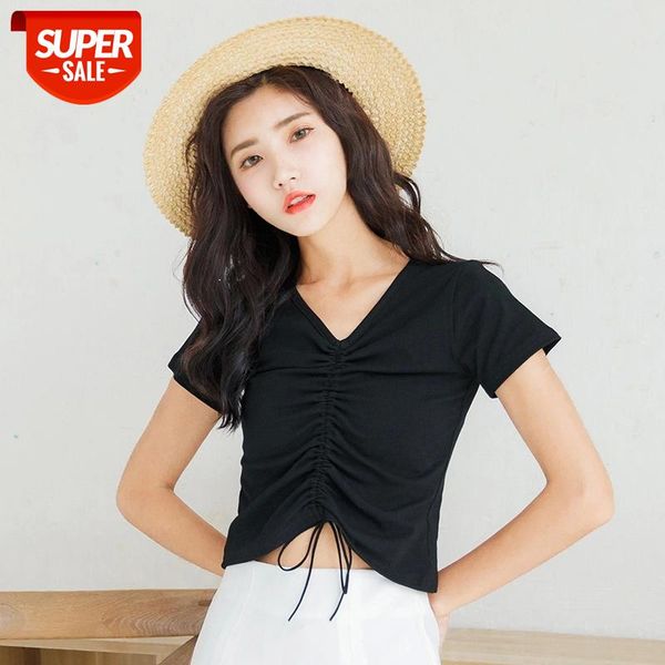 

drawstring tees t shirt short sleeve women t-shirt crop summer 2021 fashion korean slim style short black white #ep50