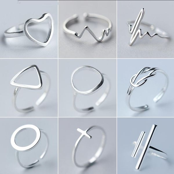 

minimalist jewelry silver color geometric rings for women adjustable round triangle heartbeat finger ring bague femme