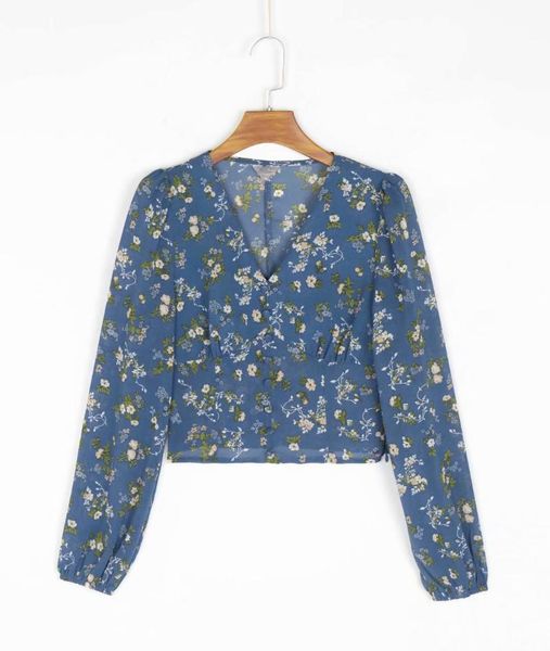 

women's blouses & shirts floral high waist shirt women long sleeve v neck button spring summer print crop vintage short blouse, White