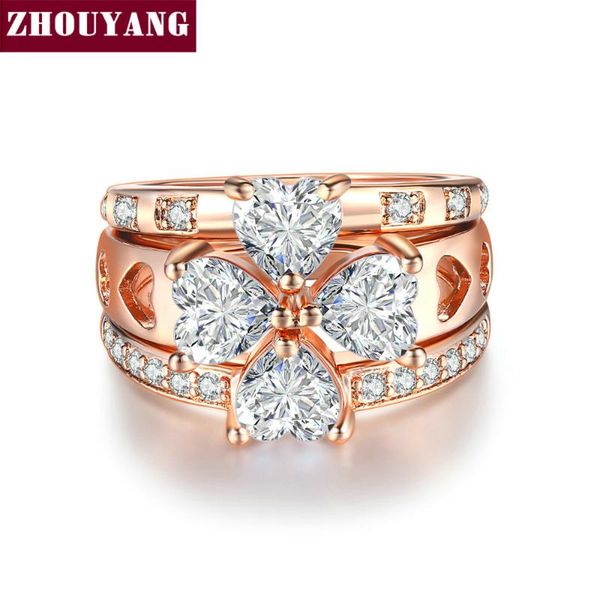 

wedding rings zhouyang luxury ring sets for women sweet heart lucky clover cubic zirconia rose gold color 3 pcs fashion jewelry r673, Slivery;golden