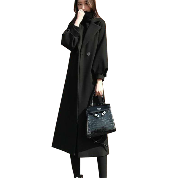 

women's wool & blends autumn winter clothes thick warm woolen long jacket sleeve woman coats loose cashmere coat outerwear plus size, Black