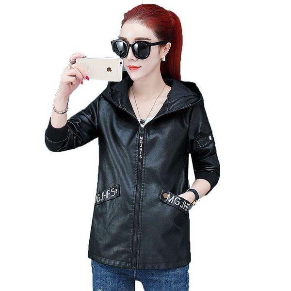 

women's leather & faux women spring autumn black jackets zipper embroidery hooded coat pu jacket motor biker outerwear female