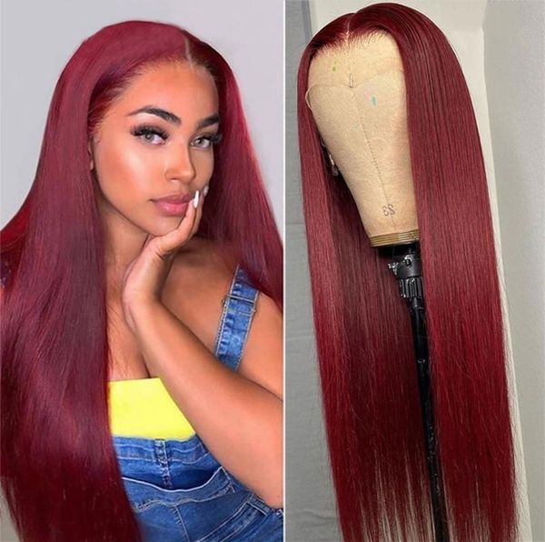 

brazilian virgin straight hair 13x1 lace front wig 99j burgundy red t part human wigs 150% 180% preplucked deep, Black;brown
