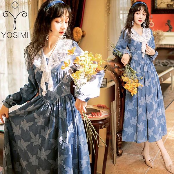

casual dresses yosimi blue jacquard long women dress 2021 autumn vintage midi fit and flare lace ruffled neck sleeve empire elegant, Black;gray