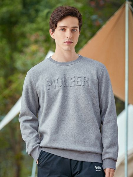 

men solid letter embossed thermal pullover 11k4#, Black