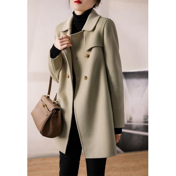 

women's wool & blends women blend warm coat autumn winter jacket female loose fit lapel woolen overcoat double-sided cashmere outerwear, Black