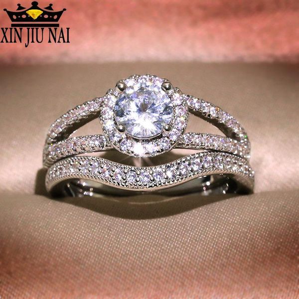 

cluster rings women's 4 prong round diamond two set wedding silver 925 micro with zircon jewelry engagement couple love, Golden;silver