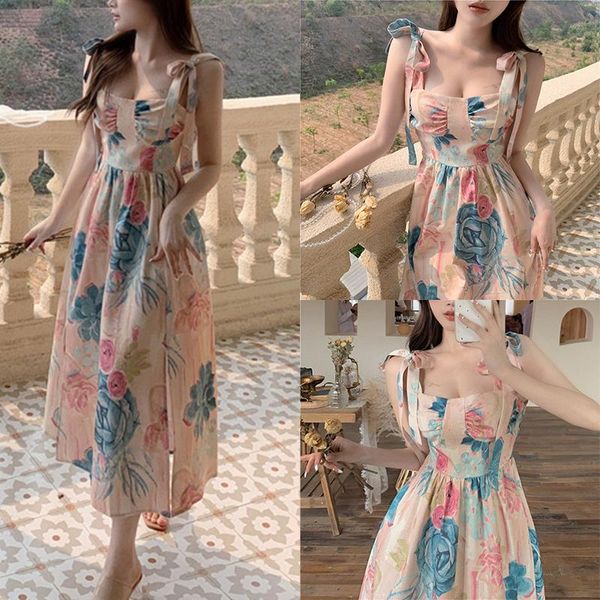 

casual dresses strap dress polyester thick shoulder retro floral printting long for summer j55, Black;gray