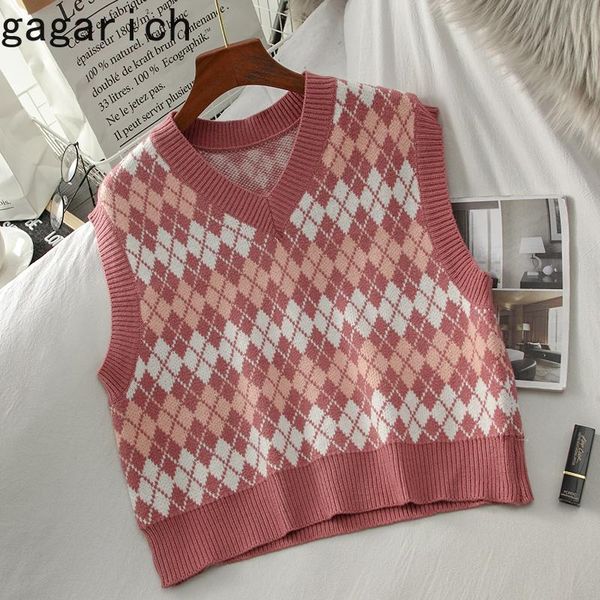 

women's vests gagarich women vest 2021 winter autumn spring korean casual retro rhombic contrast designed japanese college style female, Black;white