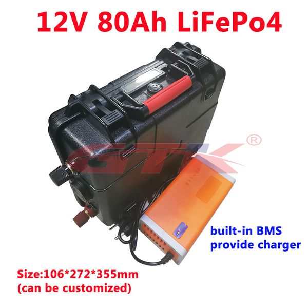ABS case 12V 80Ah LiFepo4 lithium accu met BMS oplaadbaar voor navigatie licht zonnestelsel omvormer + 14.6v 10A lader