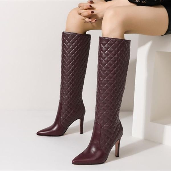 

boots neutral style for ladies grid solid knee high women stiletto heel shoes slip on 10 cm thin, Black