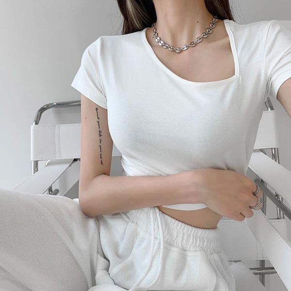 

women asymmetrical neckline short sleeve cropped t-shirt women's, White