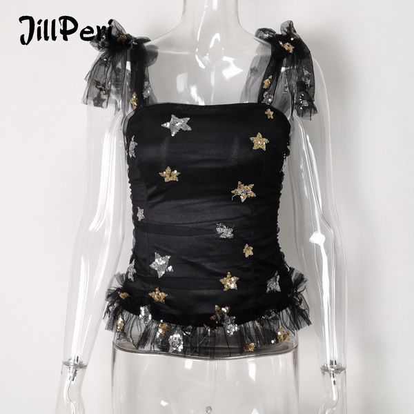 

jillperi women bow tie shoulder sweet fashion stars sequin flare short outfit stretch slash ne sleeveless little camis, Black;white