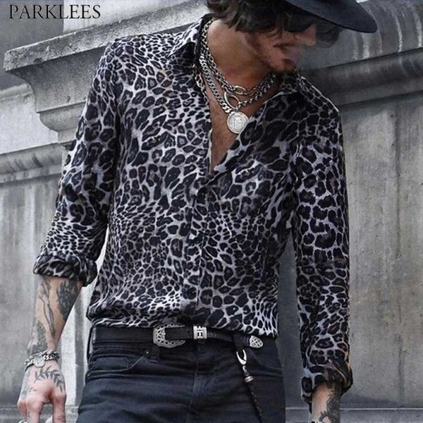 Camicia da uomo sexy con stampa di pitone leopardato Camicie a maniche lunghe con bottoni casual da uomo Party Casual Social Streetwear Camisa 210522