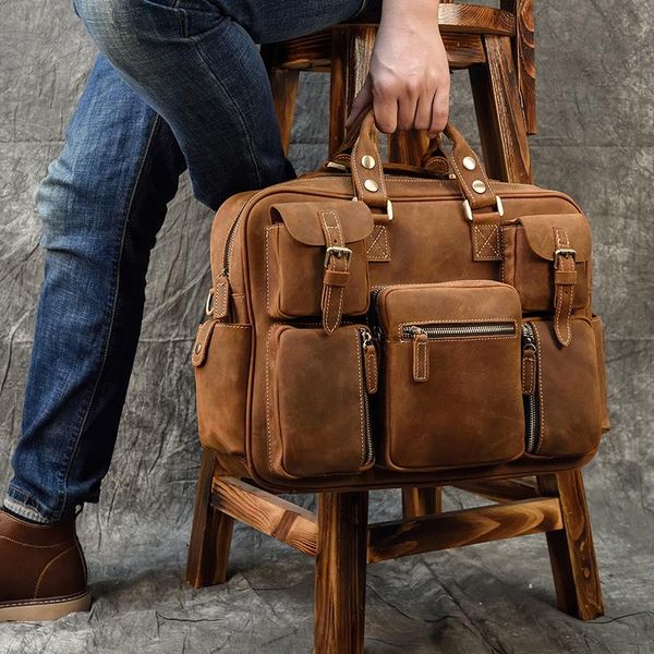 

vintage crazy horse leather briefcase men male lapshoulder bag 15.6 inch handbag for man cowhide briefcases