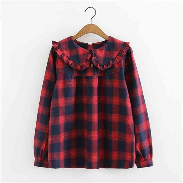 

kawaii frilly peter pan collar long sleeve blouse women spring autumn teen girls babydoll cotton plaid shirt chemisier, White