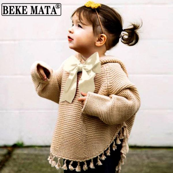 

pullover baby girl sweater winter 2021 knitted hooded toddler clothes long sleeve bow infant clothing tassel cotton cardigan, Blue