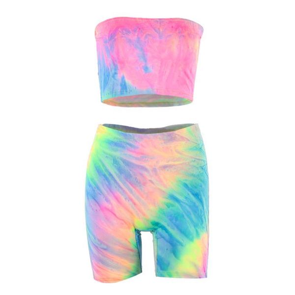 

women summer colorful tie-dye print 2 piece outfits lady strapless tube high waist biker shorts workout sport slim tracksuit two dress, White